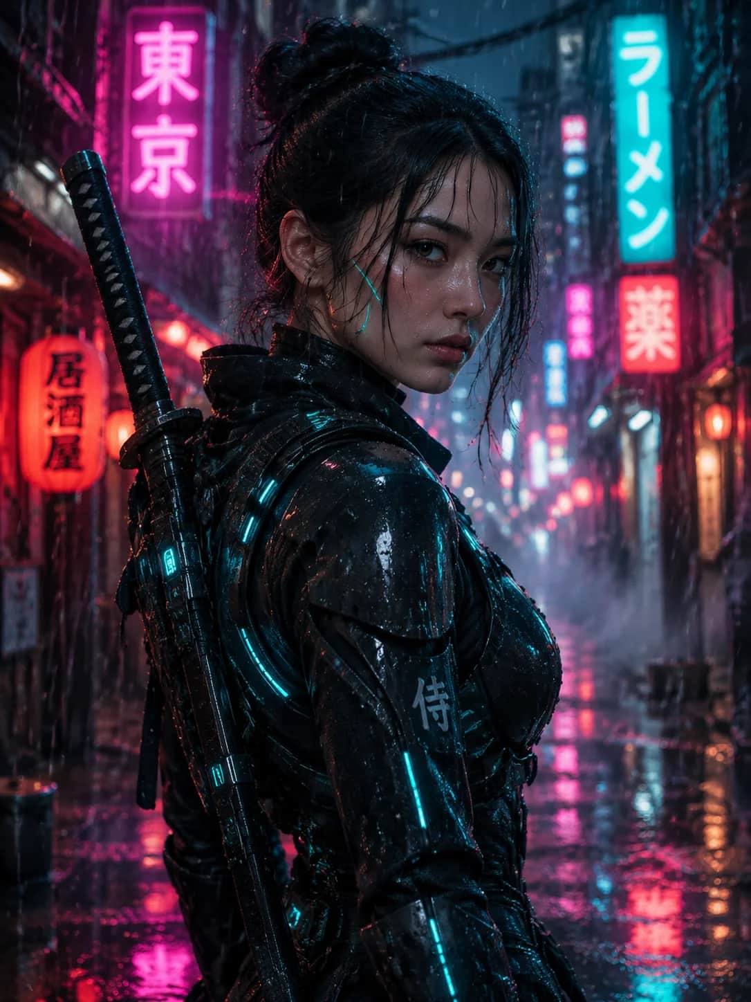 A neon-lit samurai standing in a rainy Tokyo alley, generated from a single prompt